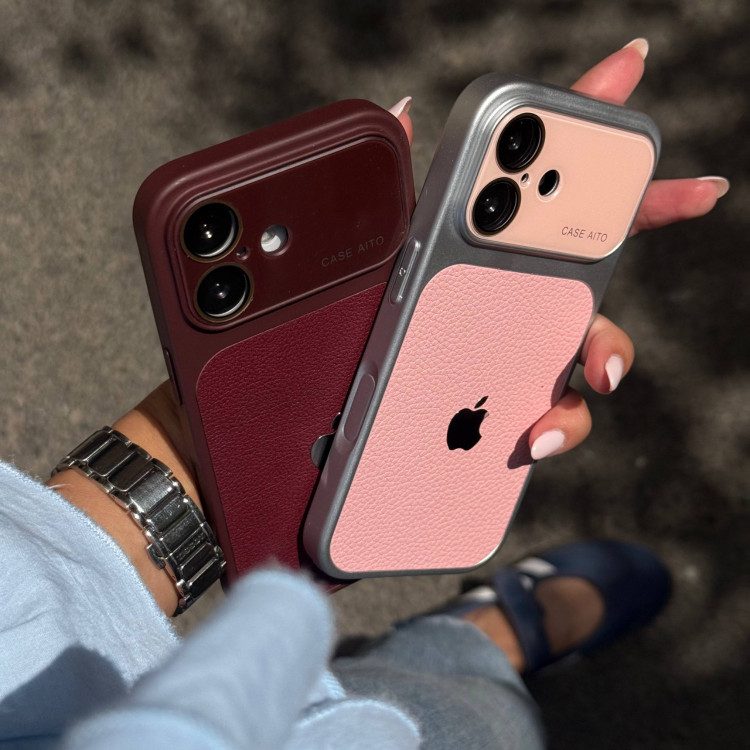 قاب Leather Lens برگندی آیفون با لوگو